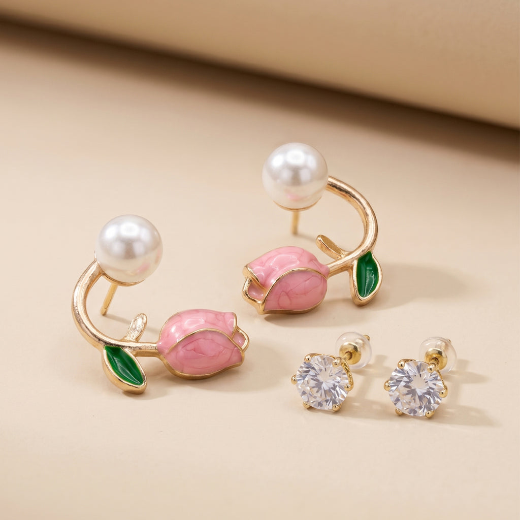 Tulip Pearl Glow | Pink Tulip & Pearl Earrings for Women