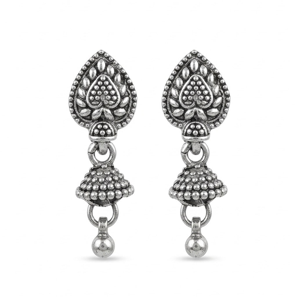 Leaf Bell | Oxidised Silver Leaf Jhumki Earrings | Antique Textured Floral Jwellery