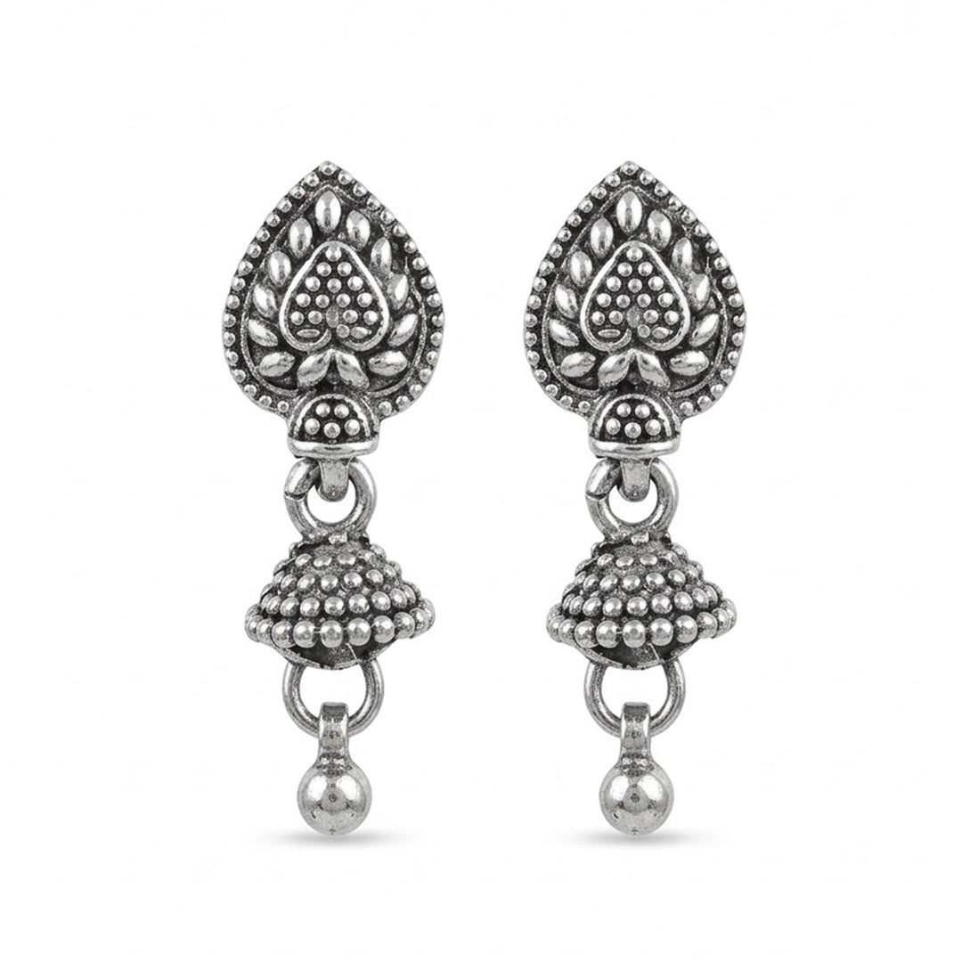 Leaf Bell | Oxidised Silver Leaf Jhumki Earrings | Antique Textured Floral Jwellery