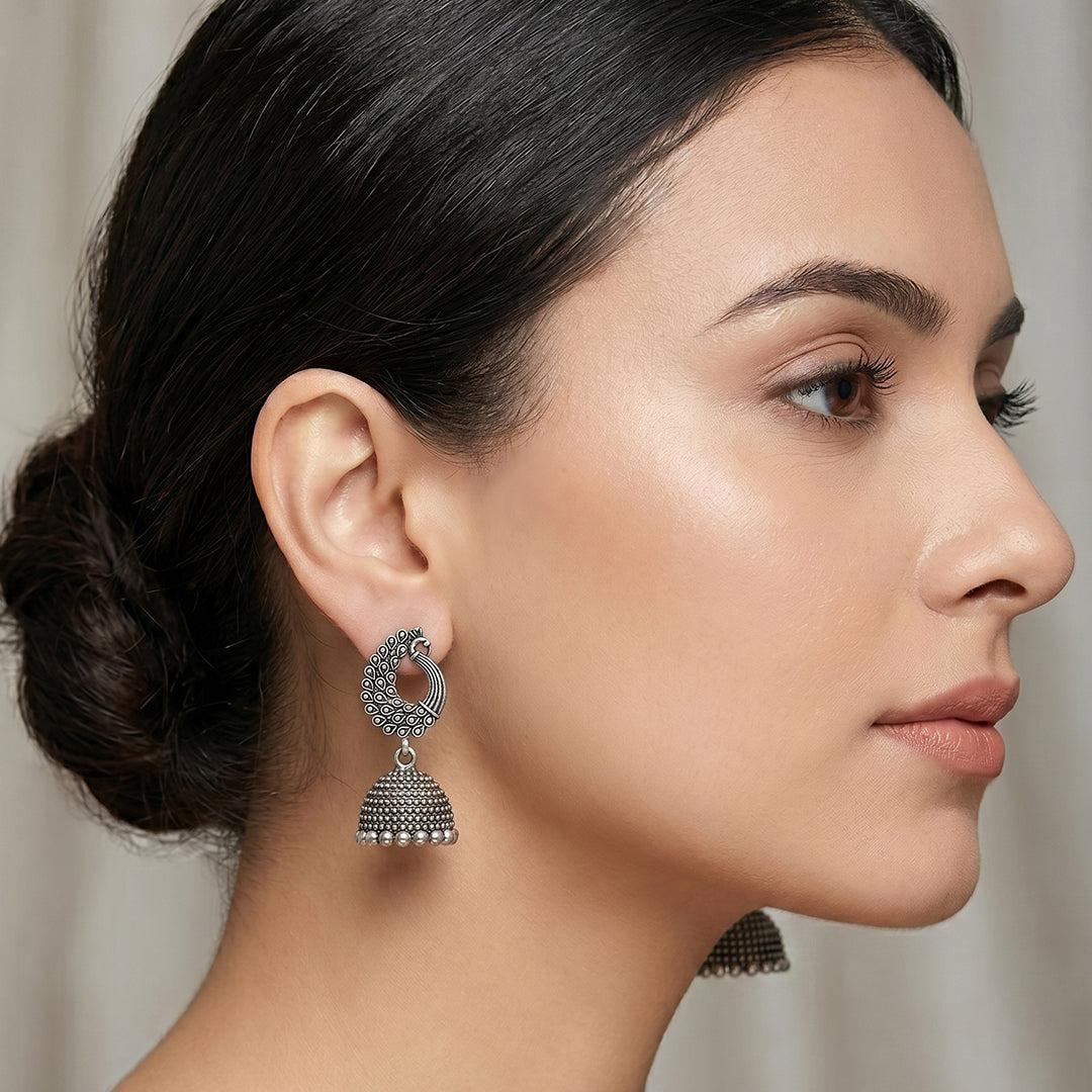 Mayura Drop Earrings | Oxidised Silver Peacock Jhumka | Ethnic Indian Jewellery