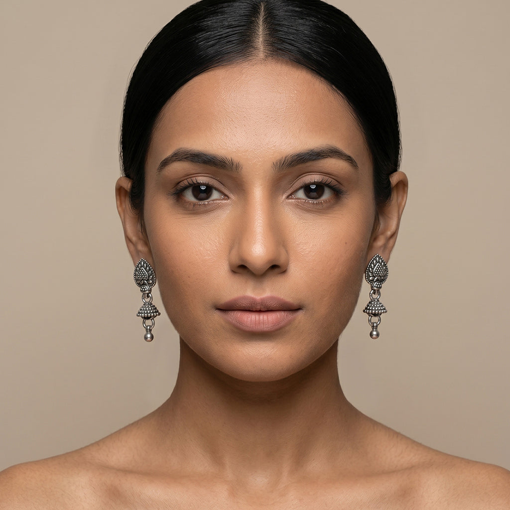 Leaf Bell | Oxidised Silver Leaf Jhumki Earrings | Antique Textured Floral Jwellery
