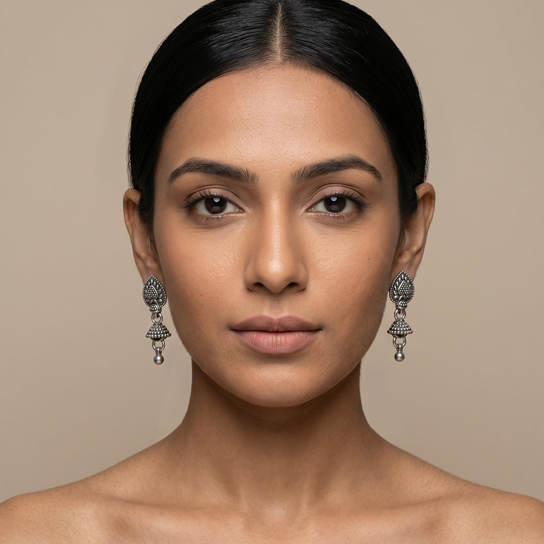 Leaf Bell | Oxidised Silver Leaf Jhumki Earrings | Antique Textured Floral Jwellery