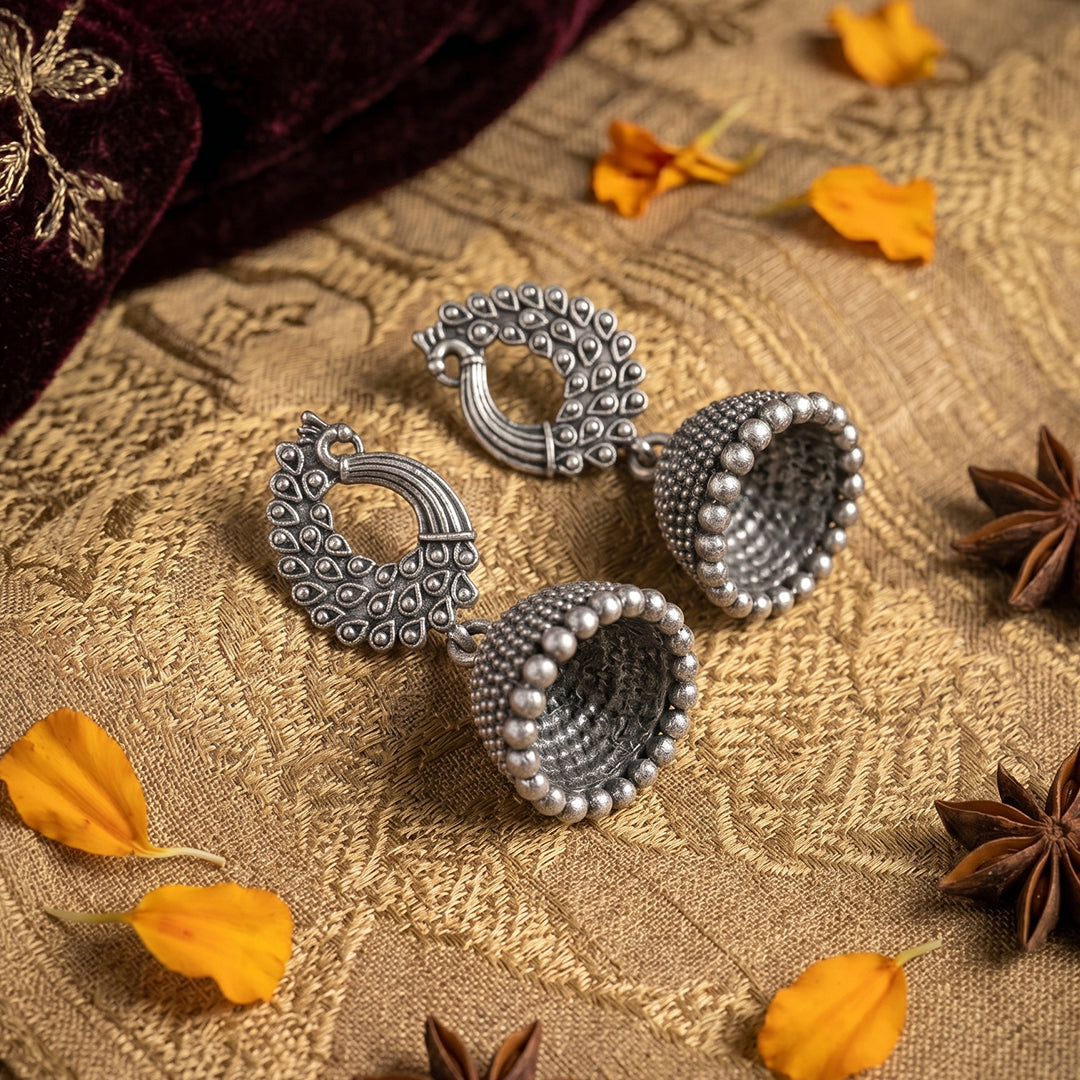 Mayura Drop Earrings | Oxidised Silver Peacock Jhumka | Ethnic Indian Jewellery