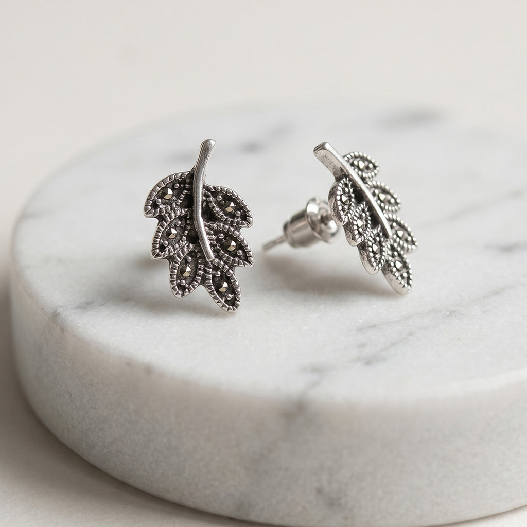 Leaflet | Oxidised Silver Leaflet Stud Earrings | Antique Leaf Studs for Women