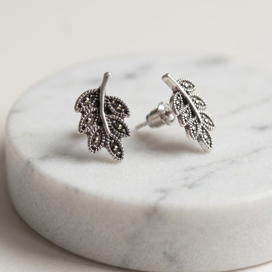Leaflet | Oxidised Silver Leaflet Stud Earrings | Antique Leaf Studs for Women
