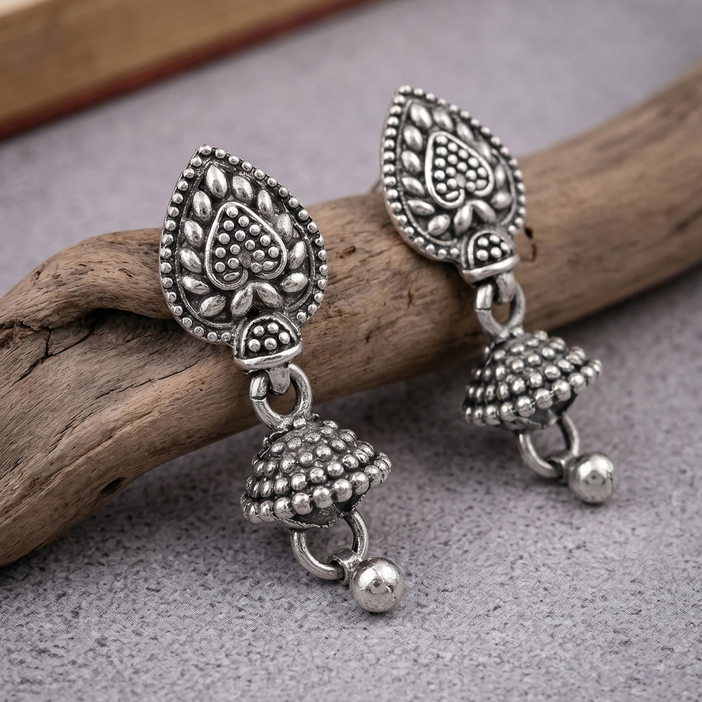 Leaf Bell | Oxidised Silver Leaf Jhumki Earrings | Antique Textured Floral Jwellery