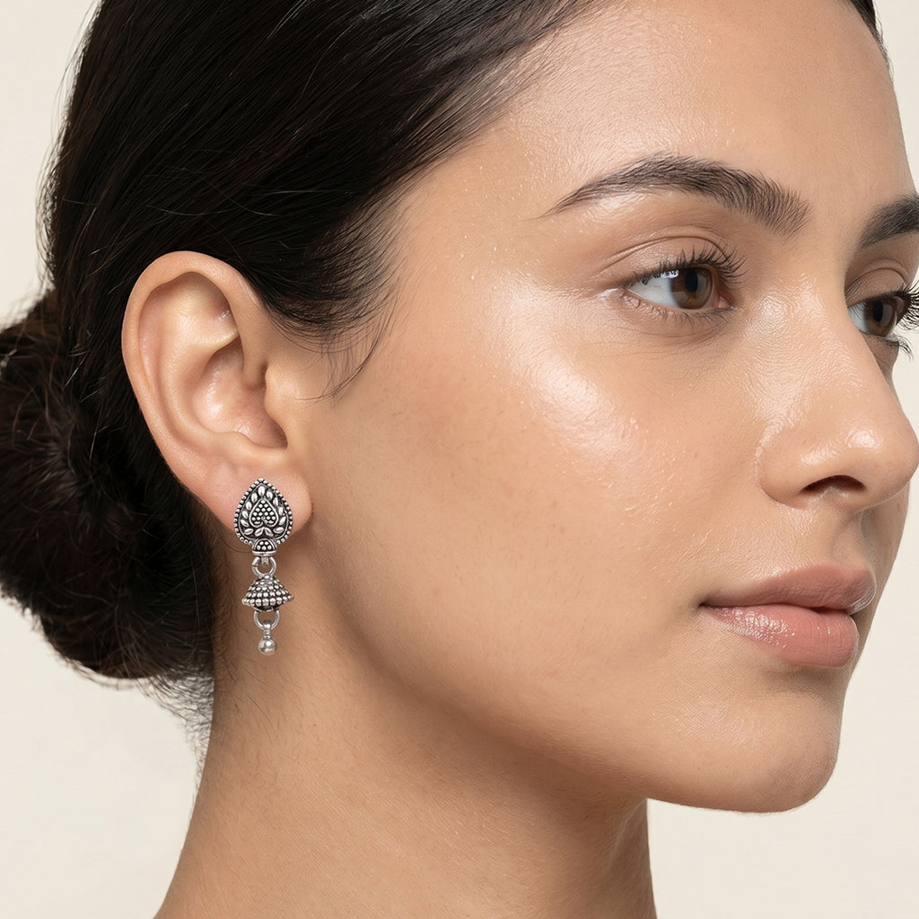 Leaf Bell | Oxidised Silver Leaf Jhumki Earrings | Antique Textured Floral Jwellery