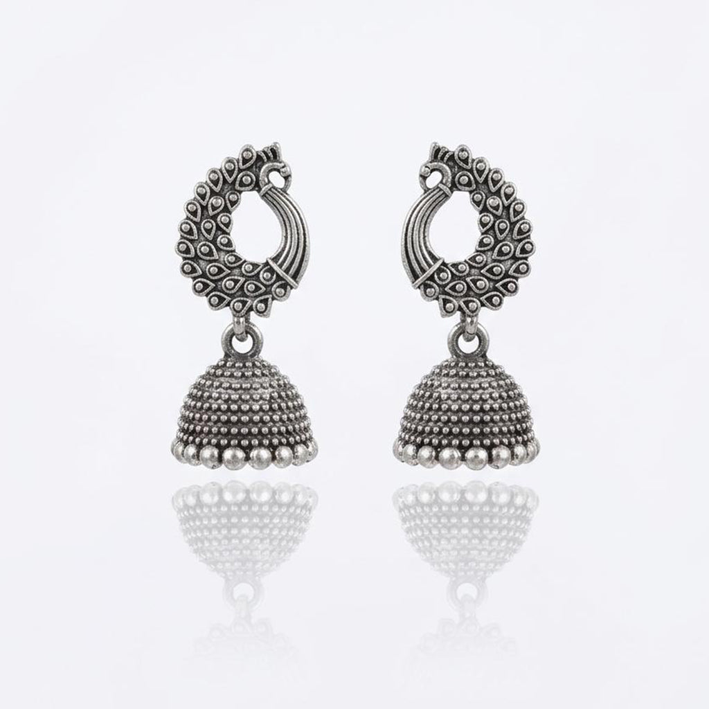 Mayura Drop Earrings | Oxidised Silver Peacock Jhumka | Ethnic Indian Jewellery