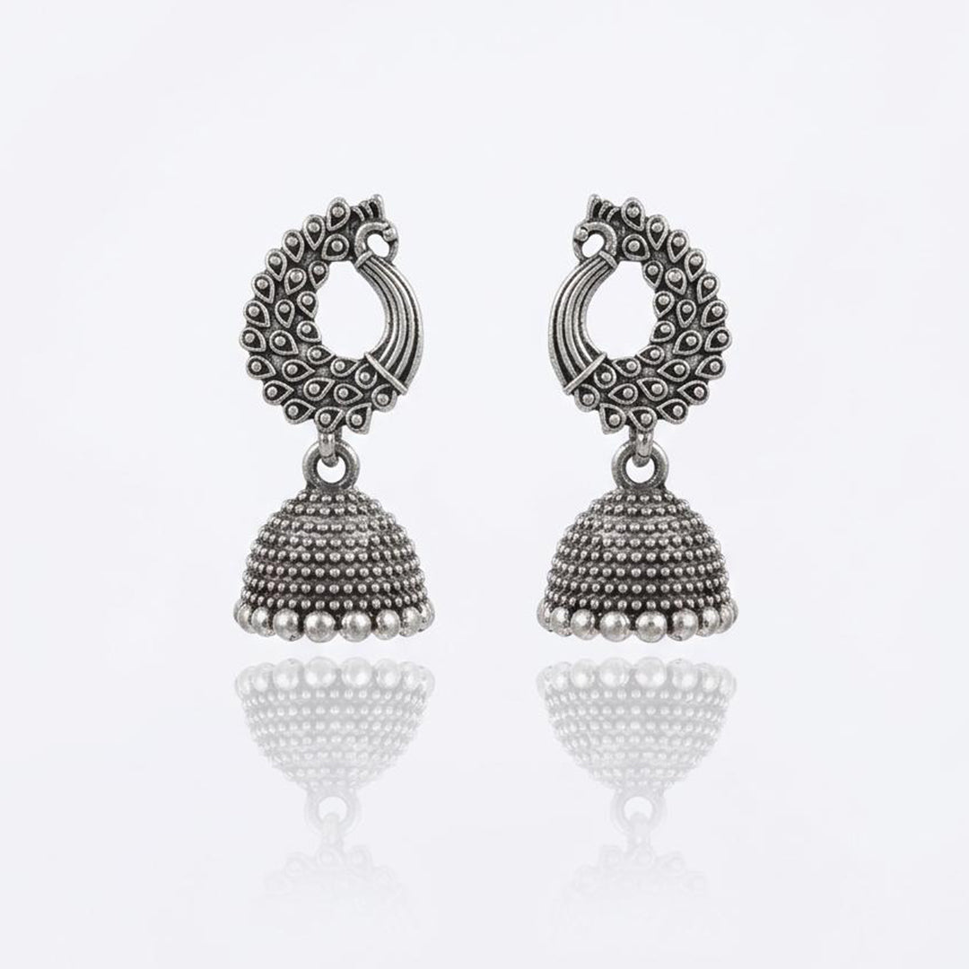 Mayura Drop Earrings | Oxidised Silver Peacock Jhumka | Ethnic Indian Jewellery