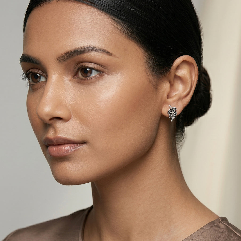 Leaflet | Oxidised Silver Leaflet Stud Earrings | Antique Leaf Studs for Women
